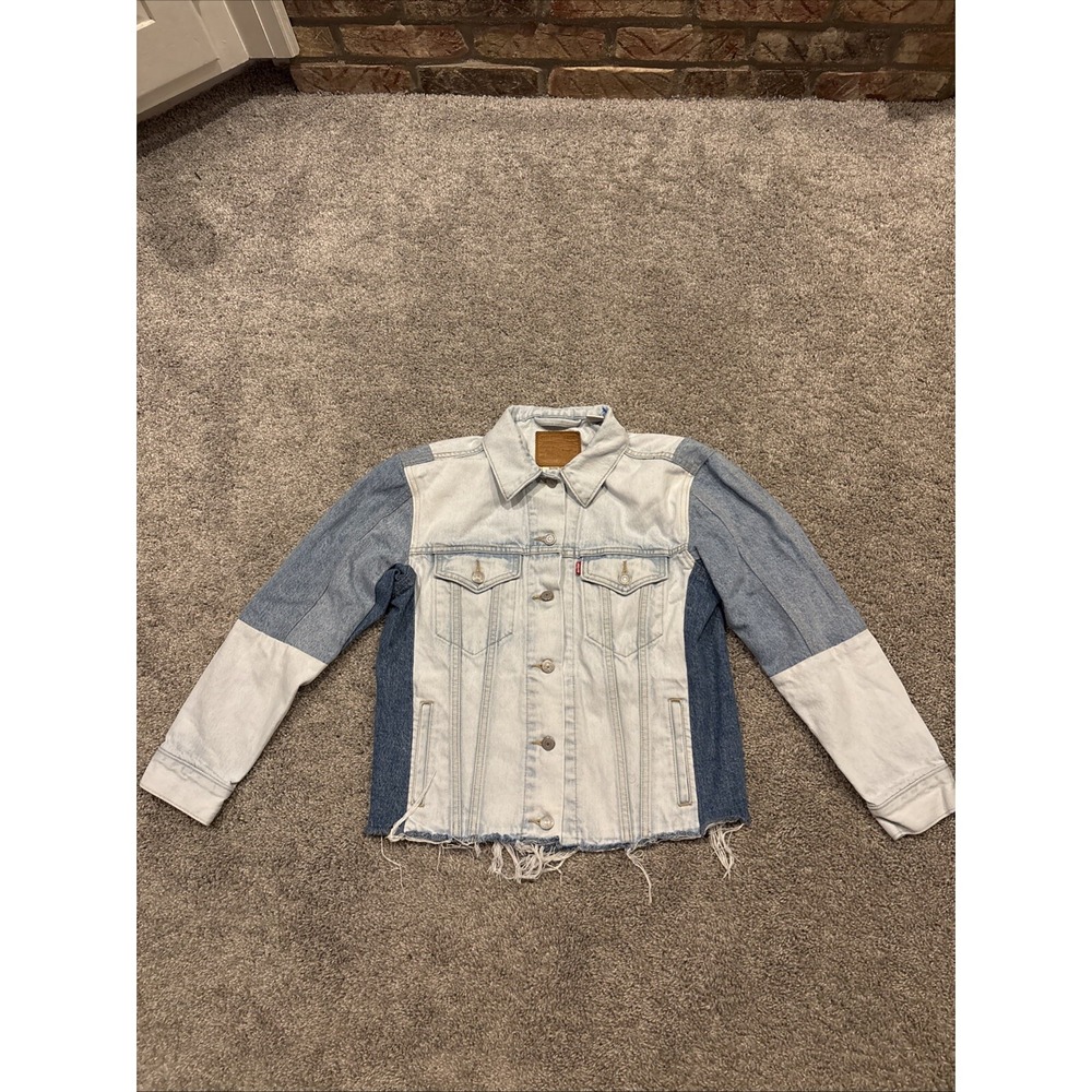 Levis Premium Big E Colorblock Patchwork Two Tone Blue Trucker Jacket Small EUC